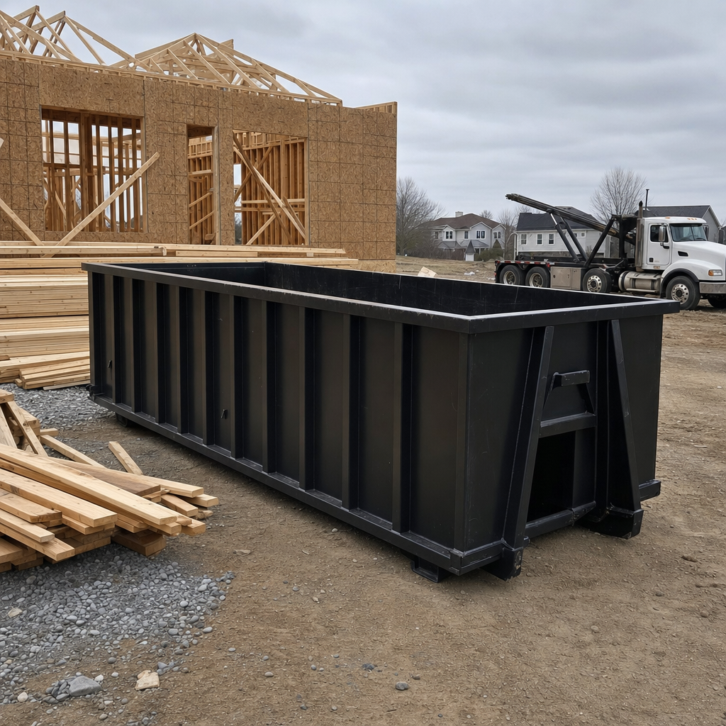 Matte-black 40-yard roll-off dumpster staged on a framed-out residential construction site in Pittsburgh, framing lumber stacked nearby, hooklift delivery truck visible in the background under bright Colorado daylight