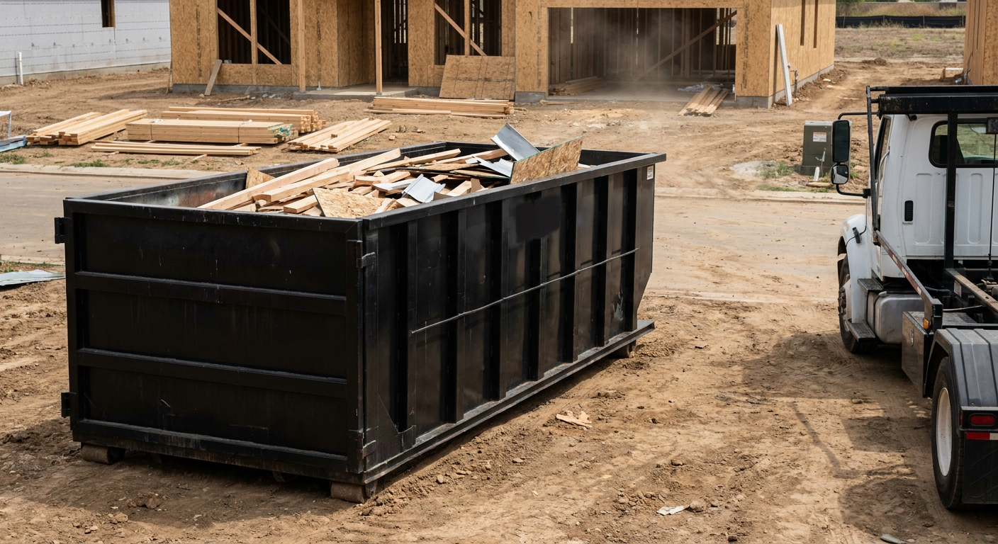 Matte-black 20-yard roll-off construction dumpster with heavy ribbed steel sidewalls and swing rear doors at a working jobsite in Pittsburgh, sitting directly on compacted dirt with an unmarked white hauler partially visible at the far edge of the frame.