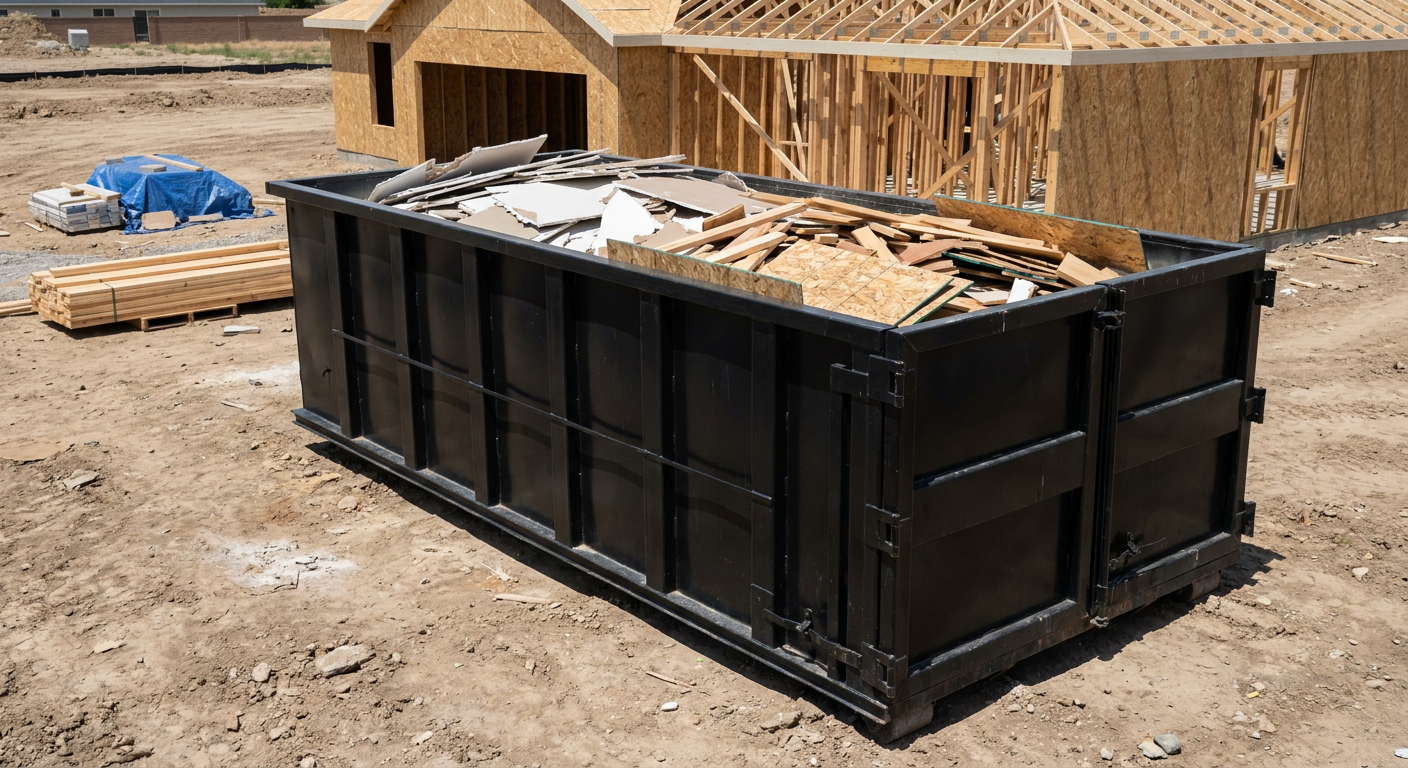 Matte-black 30-yard roll-off construction dumpster sitting directly on the compacted-dirt site of a framed single-family home build in Pittsburgh, drywall and lumber scrap loaded inside.