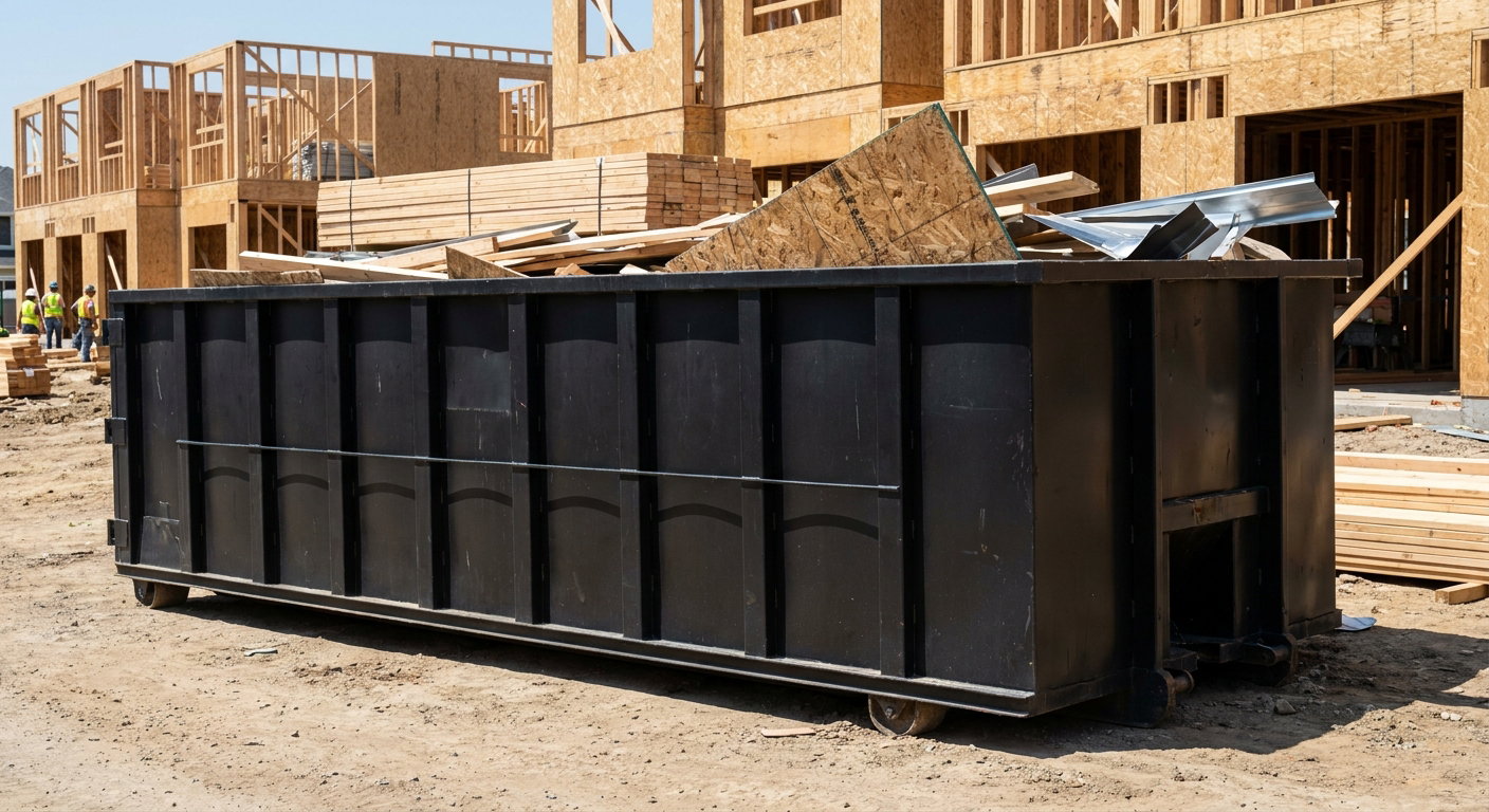 Matte-black 40-yard roll-off construction dumpster being lowered from a white-cab hooklift delivery truck onto the compacted-dirt jobsite at a commercial build site in Pittsburgh
