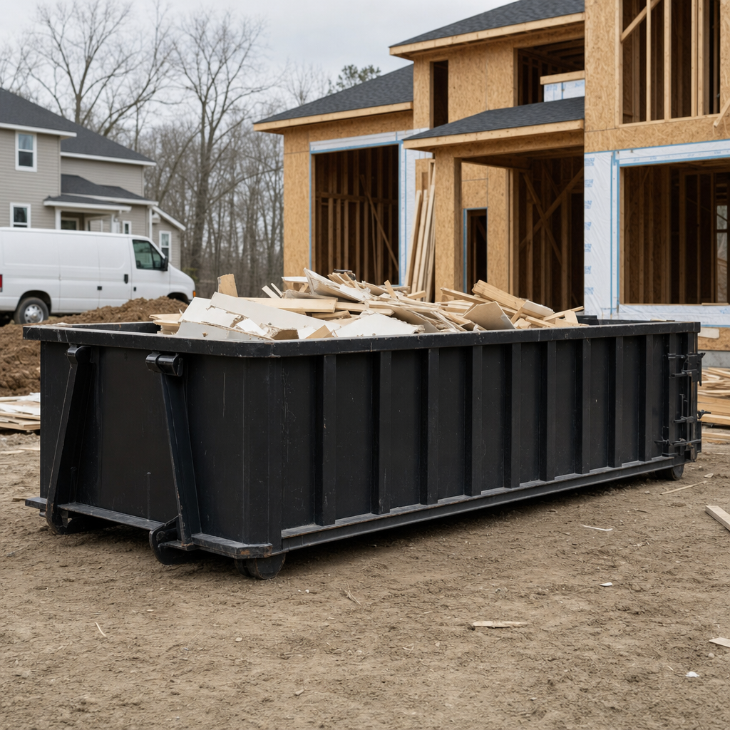 Worker in a yellow high-visibility vest tossing framing lumber and broken drywall into a matte-black 30-yard construction roll-off dumpster on an active build site in Pittsburgh, bright daylight