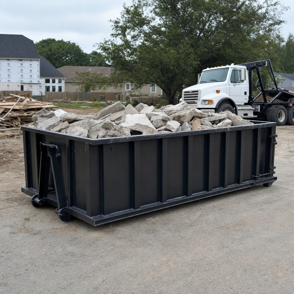 Low-profile matte-black lowboy roll-off dumpster loaded with broken concrete slab and rebar at a foundation tear-out in Pittsburgh, skid steer parked beside it, sunny Colorado morning