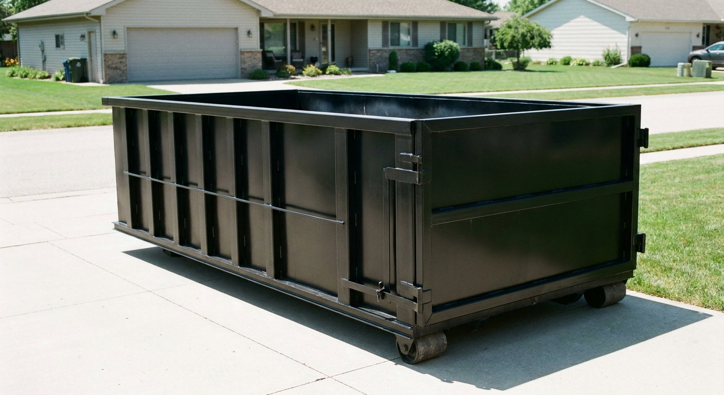 Matte-black 10-yard roll-off dumpster on a residential concrete driveway in Pittsburgh, uniformly painted matte black across every panel and rail, ribbed steel sidewalls and rear swing door visible, mid-day daylight.