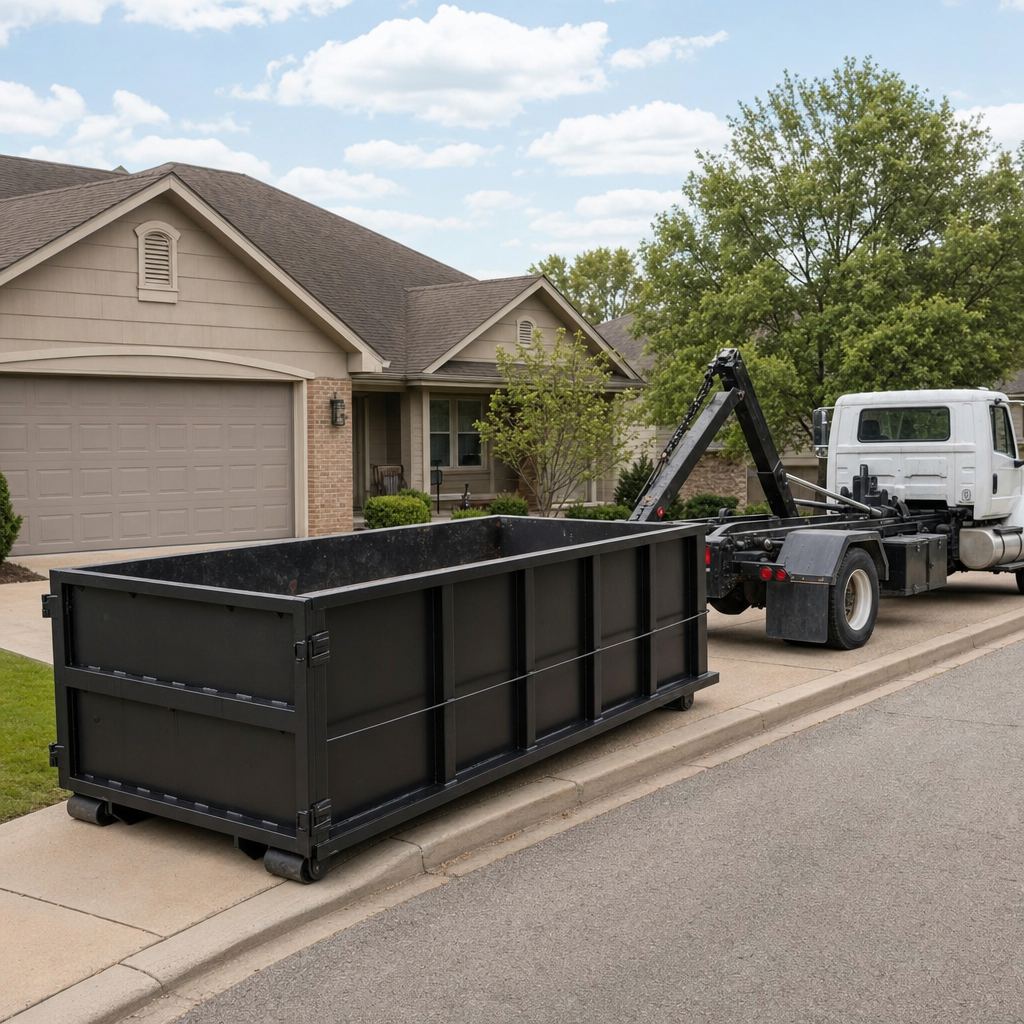 Wide documentary shot of a matte-black roll-off dumpster on a Pittsburgh residential driveway in the foreground and a contractor jobsite container in the soft-focus background, bright daylight, calm and orderly composition.