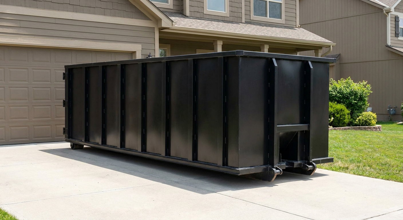 Matte-black residential roll-off dumpster sitting directly on a suburban Pittsburgh concrete driveway, garage door closed, single-family home in background, bright morning daylight.
