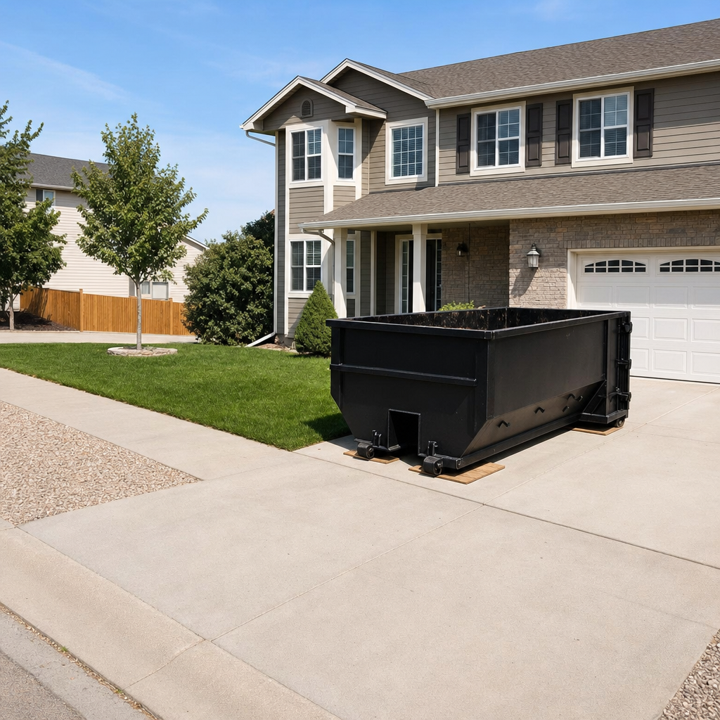 10-yard matte-black residential dumpster placed directly on a narrow Pittsburgh concrete driveway, room remains for a parked sedan beside it, mid-morning natural light