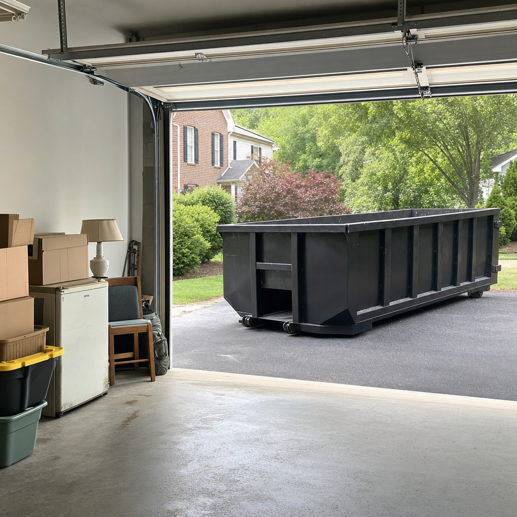 Open garage interior in a Pittsburgh home mid-cleanout — boxed items, an old appliance, and stacked yard tools queued near the driveway for a matte-black roll-off dumpster, organized and calm