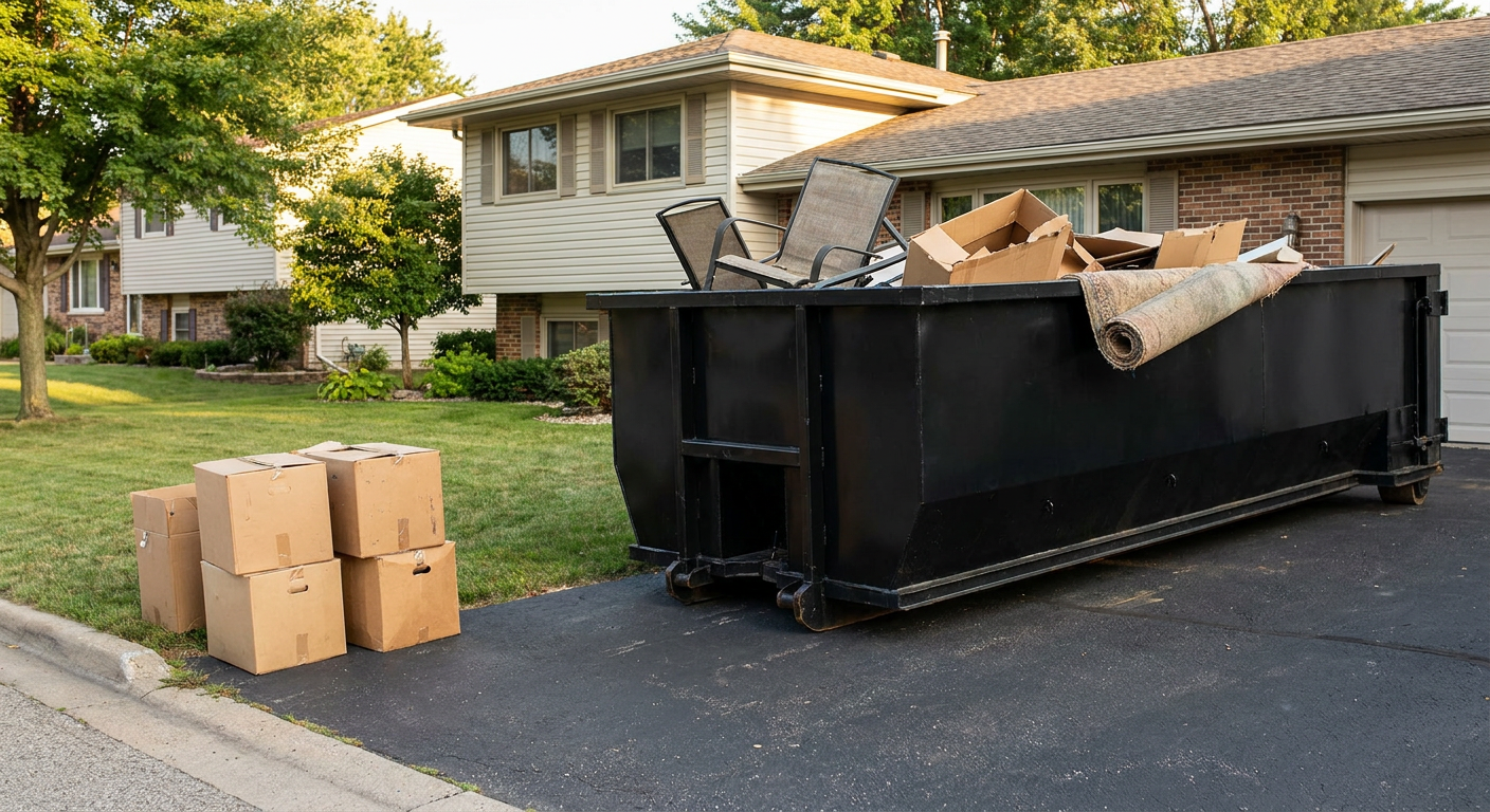 Front-yard view of a Pittsburgh split-level home with a 20-yard matte-black roll-off dumpster sitting directly on the asphalt driveway, a few clearly labeled donation boxes staged at the curb, calm sunny afternoon.