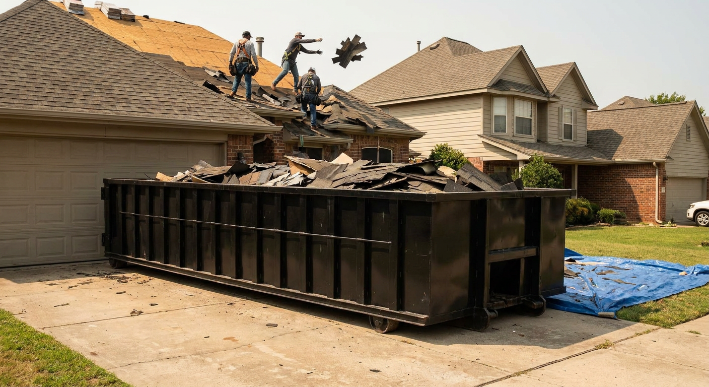 Matte-black roofing roll-off dumpster placed directly on a Pittsburgh residential concrete driveway, a tear-off crew on a two-story asphalt-shingle roof tossing shingle bundles into the low-walled container, bright daylight, documentary 35mm perspective.