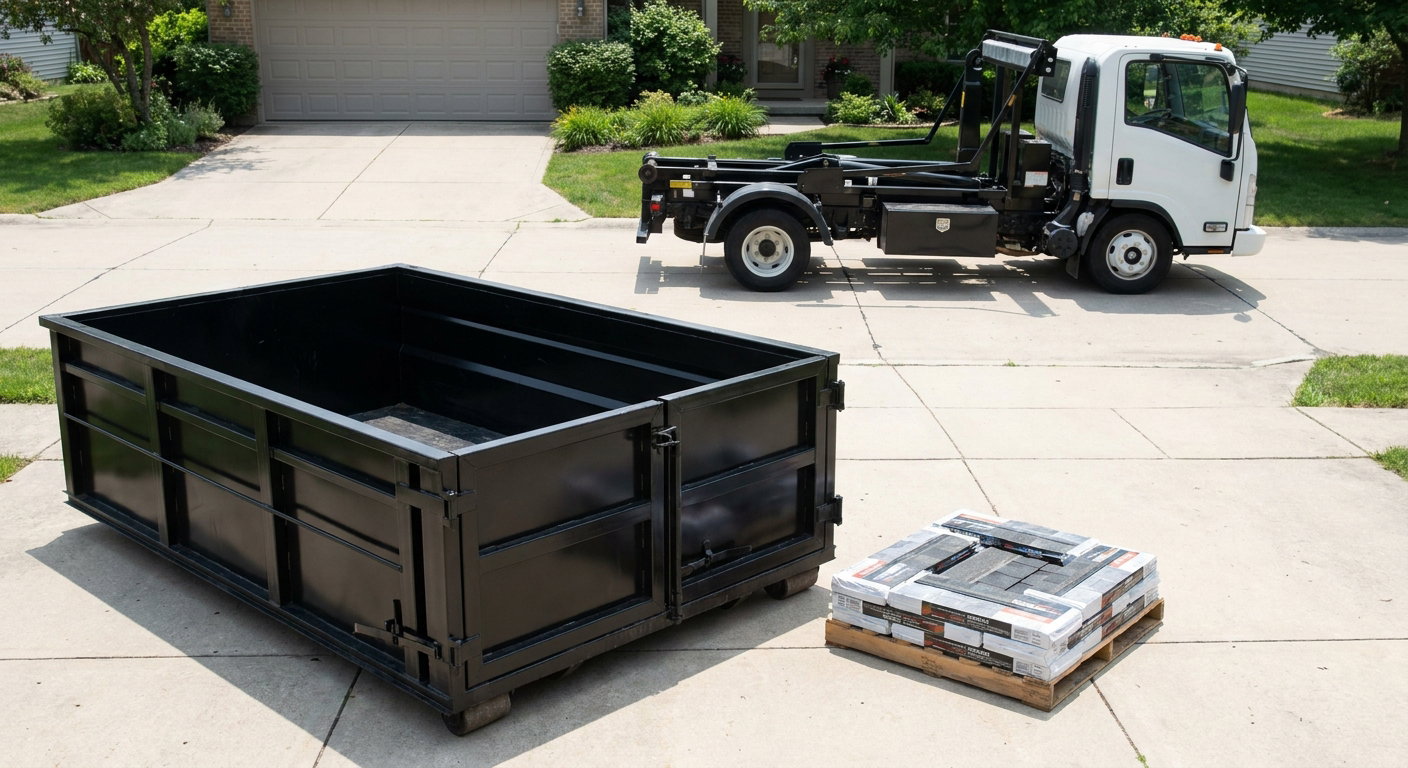 Matte-black 15-yard roofing roll-off dumpster with reinforced low side walls sitting directly on a Pittsburgh residential concrete driveway, three-tab asphalt shingle bundles stacked nearby, an unmarked white hauler truck partially visible at the edge of the frame.