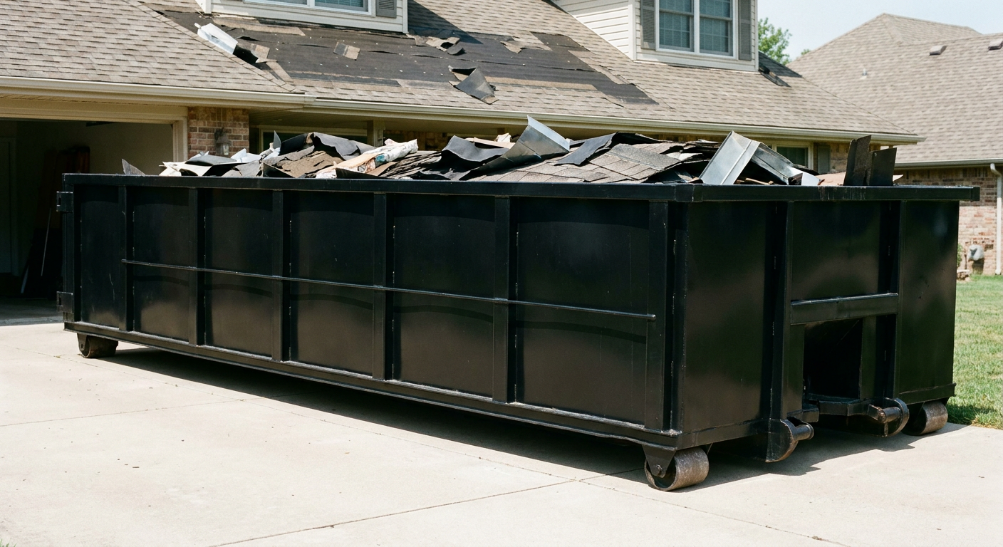 Matte-black 20-yard roofing roll-off dumpster with steel ribbed sides and swinging rear door, sitting directly on the concrete driveway of a two-story Pittsburgh home, asphalt shingle debris being loaded over the low wall, clean documentary lighting.