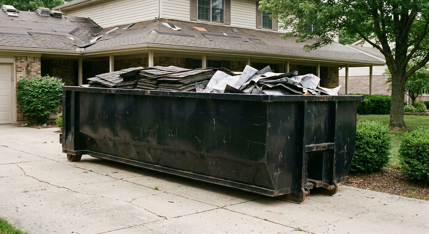 Matte-black 30-yard roofing roll-off dumpster sitting directly on a Pittsburgh concrete driveway, taller ribbed steel side panels, mixed tear-off debris of asphalt shingles and underlayment inside, professional documentary daylight.