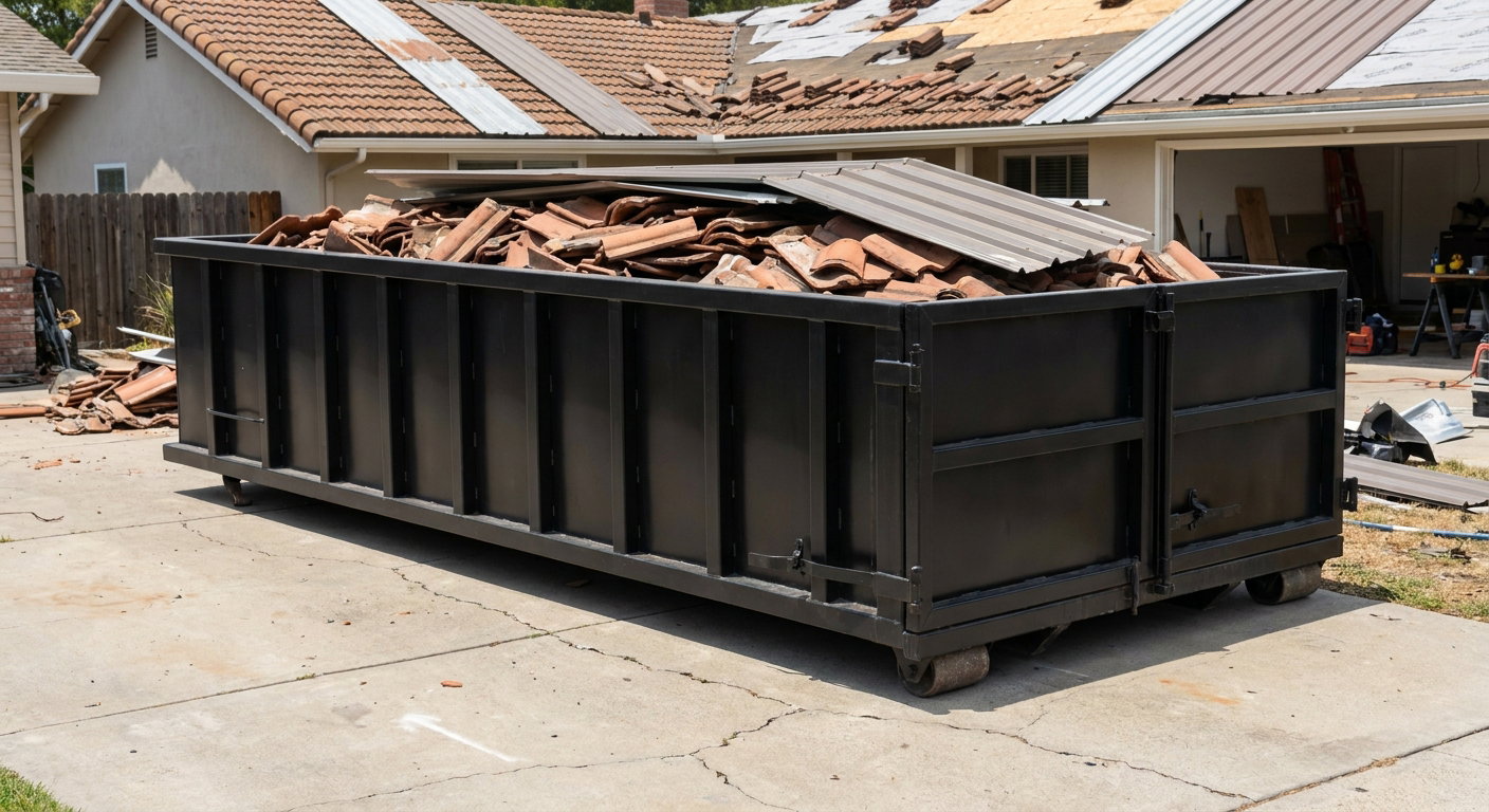 Matte-black low-wall heavy-debris roofing roll-off dumpster sitting directly on a Pittsburgh concrete driveway, broken concrete clay roof tiles and metal panel sections loaded inside, reinforced ribbed steel side walls visible, bright outdoor daylight.