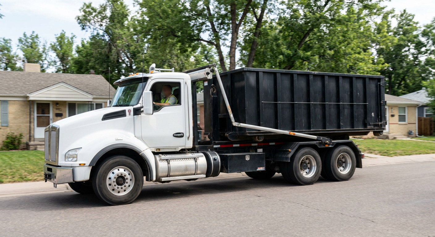 A wide documentary shot of a matte-black roll-off delivery truck pulling onto a quiet Pittsburgh residential street at mid-morning, with neighborhood rooftops and tree-lined blocks visible behind, showing the metro coverage footprint.