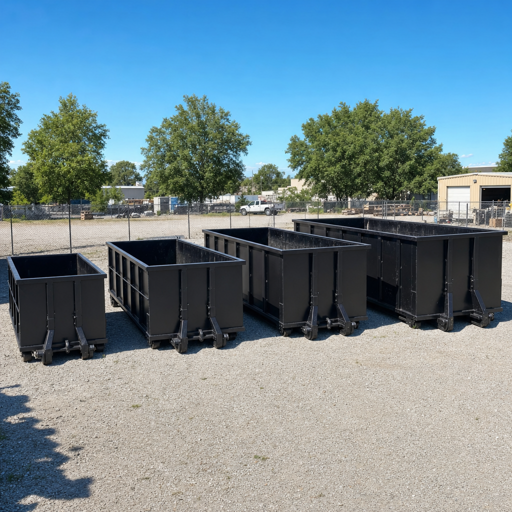 A clean lineup of matte-black roll-off dumpsters in 10, 20, 30, and 40-yard sizes staged on a sunlit gravel yard in Pittsburgh, showing the size progression from compact to commercial-scale containers.