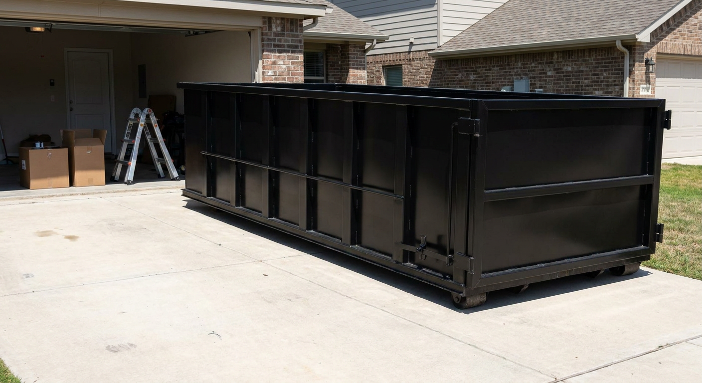A matte-black 10-yard roll-off dumpster sitting directly on a residential Pittsburgh concrete driveway, mid-day sunlight, clean and ready for a garage cleanout.
