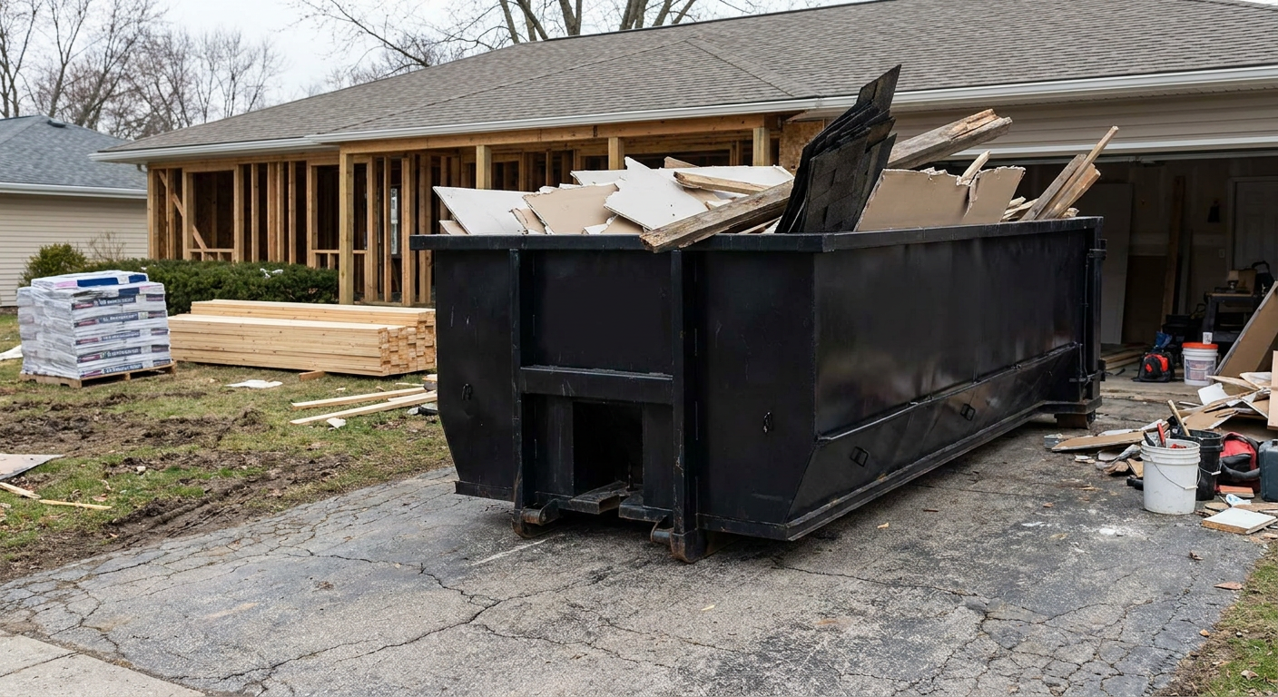 A matte-black 20-yard roll-off dumpster placed alongside a mid-renovation Pittsburgh home directly on the asphalt driveway, with framing materials and torn-off shingles staged neatly nearby.