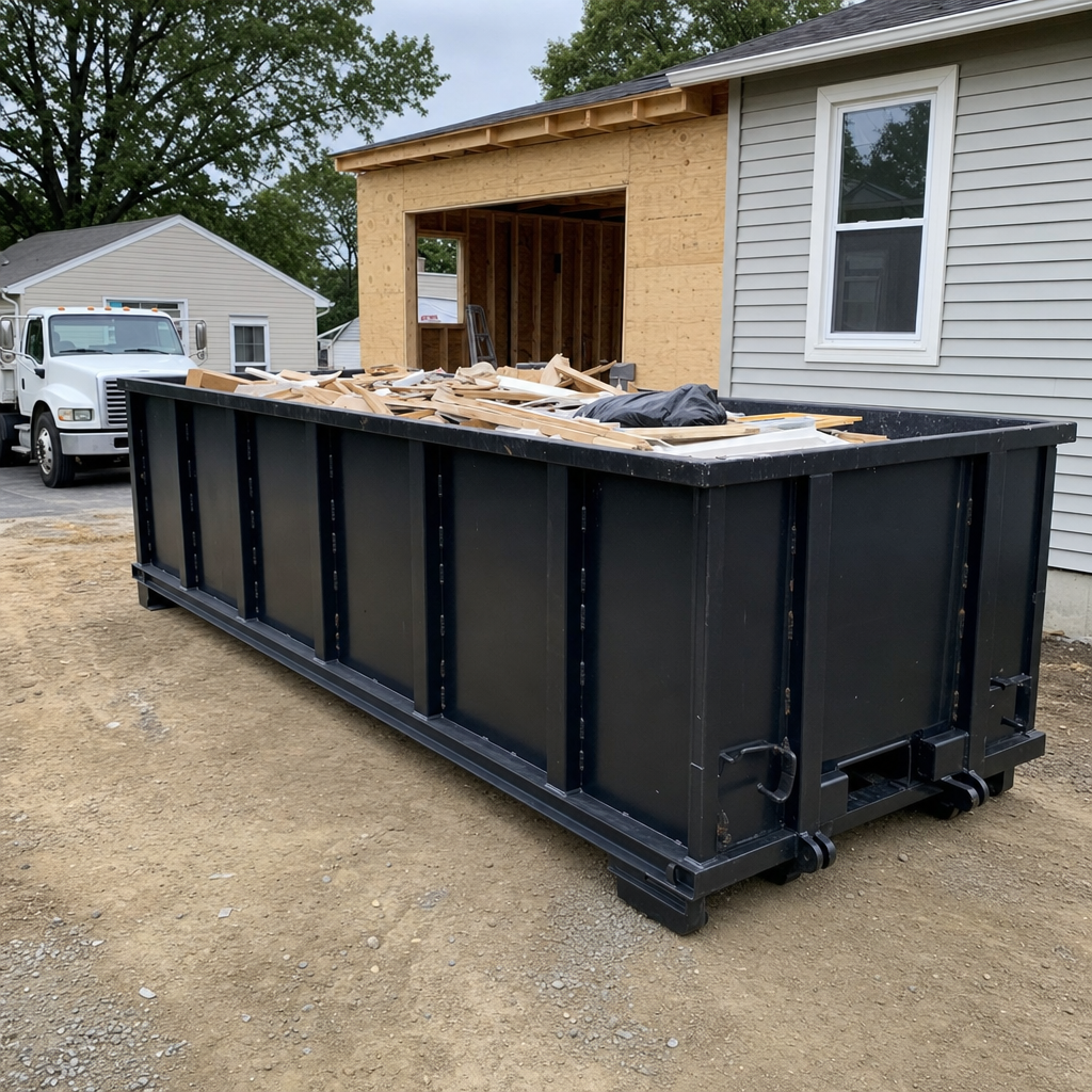 A matte-black 30-yard roll-off dumpster positioned at a Pittsburgh residential addition jobsite, with framing lumber and drywall scraps loaded through the open swinging rear doors.
