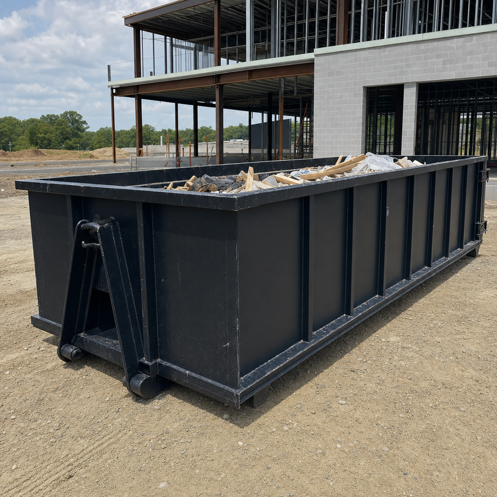 A matte-black 40-yard roll-off dumpster staged on a large Pittsburgh commercial construction lot, with a hooklift delivery truck parked alongside under bright midday sky.