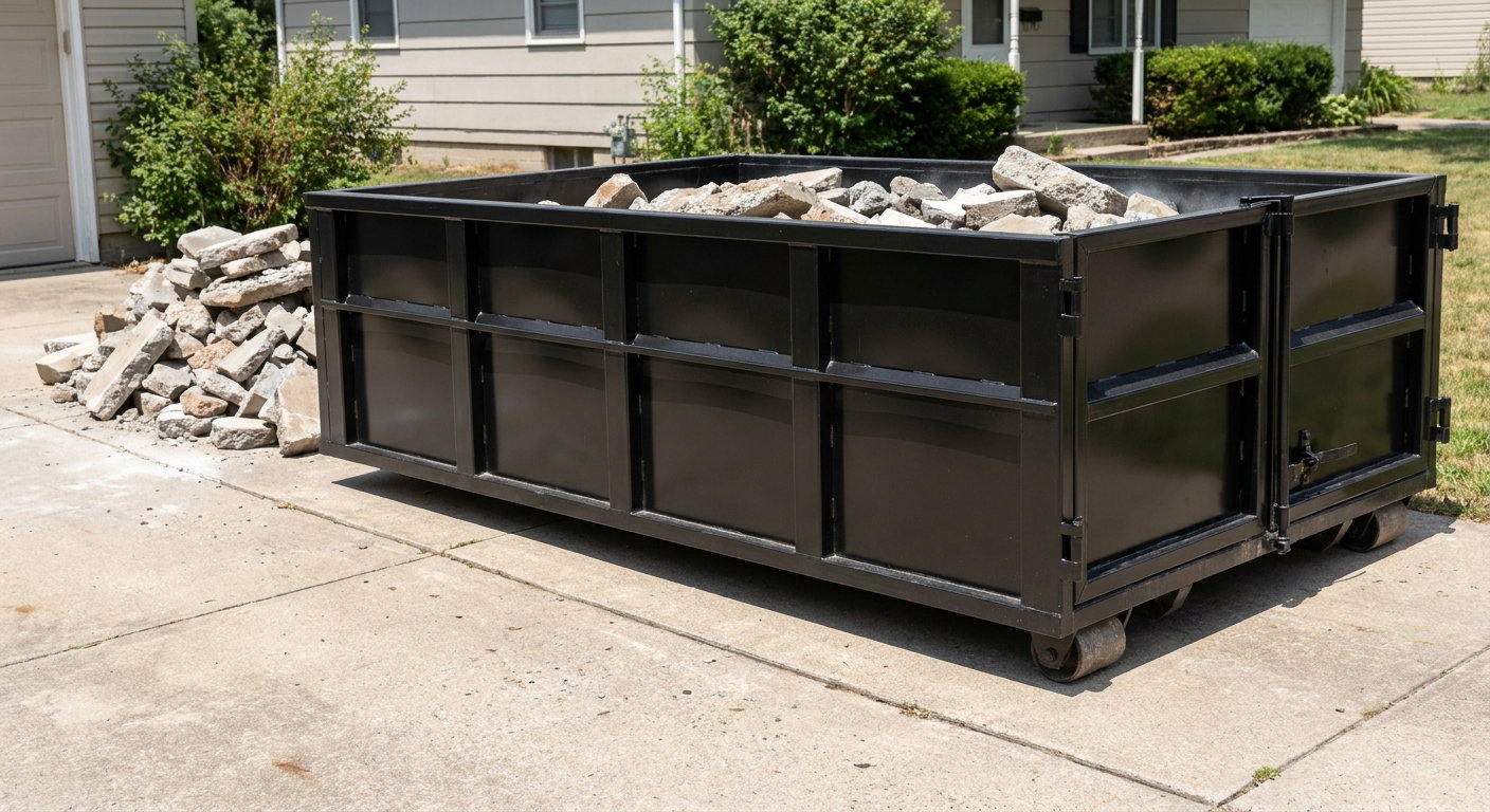 A matte-black low-side heavy-debris roll-off dumpster placed directly on a Pittsburgh concrete driveway, with broken concrete chunks neatly stacked beside it under clean daylight.